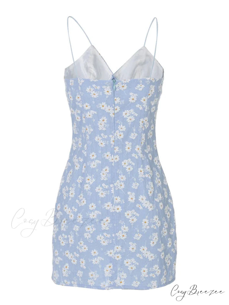 Daisy Pattern Split Trendy Slip Mini Dress