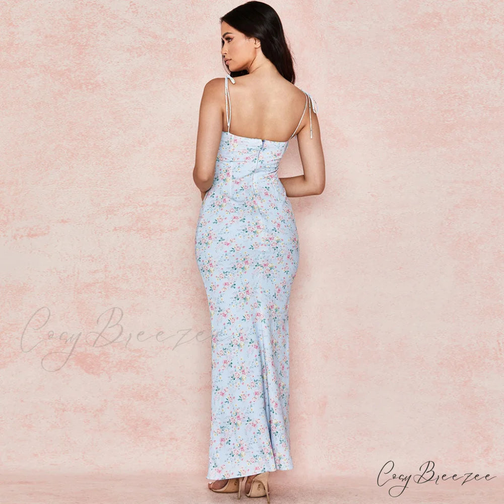 Daisy Printed Cowl Neck Side Slit Sophisticated Ruched Slip Midi Dress - Yellow L / Blue
