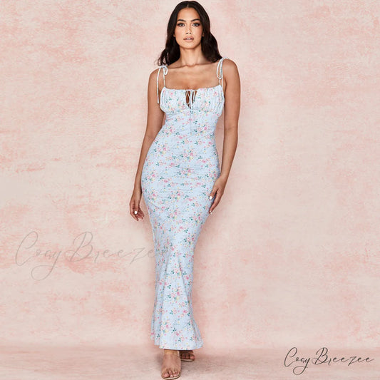 Daisy Printed Cowl Neck Side Slit Sophisticated Ruched Slip Midi Dress - Yellow S / Blue