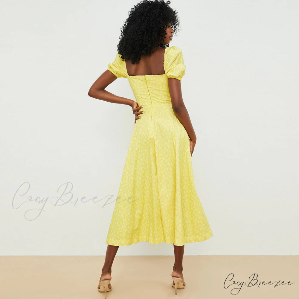 Daisy Printed Floss Strap Tied Classic Bustier Slip Maxi Dress - Blue L / Dark Yellow