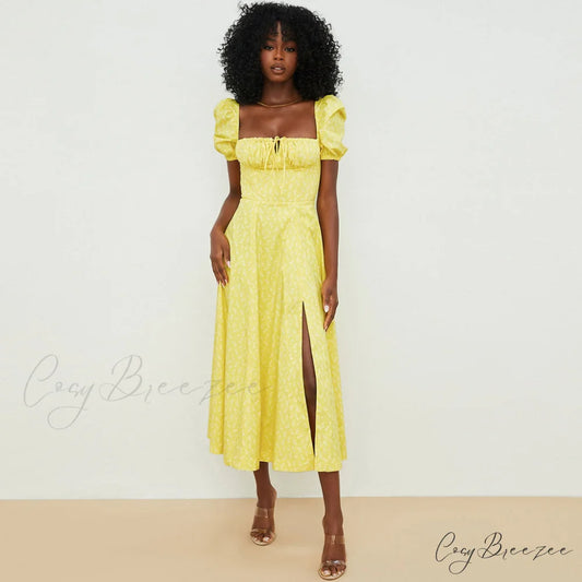 Daisy Printed Floss Strap Tied Classic Bustier Slip Maxi Dress - Blue S / Dark Yellow