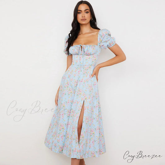 Daisy Printed Puff Sleeve High Classic Slit Smock Maxi Sundress - Green S / Light Blue