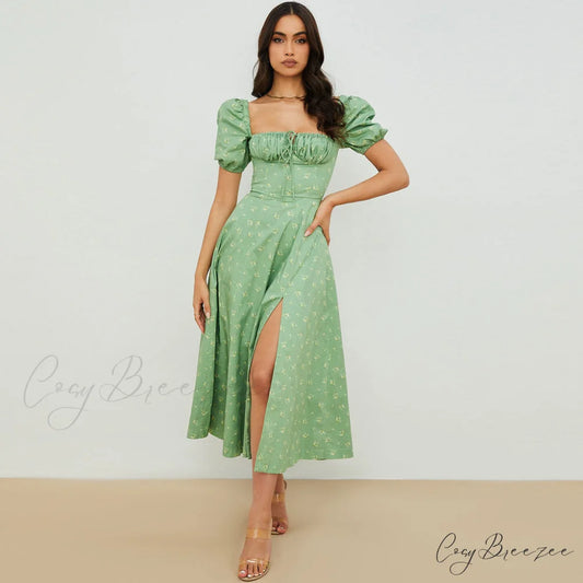 Daisy Printed Puff Sleeve High Classic Slit Smock Maxi Sundress - Pink S / Sage Green