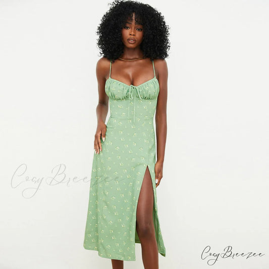 Daisy Printed Puff Sleeve High Classic Slit Smock Maxi Sundress - White S / Light Green