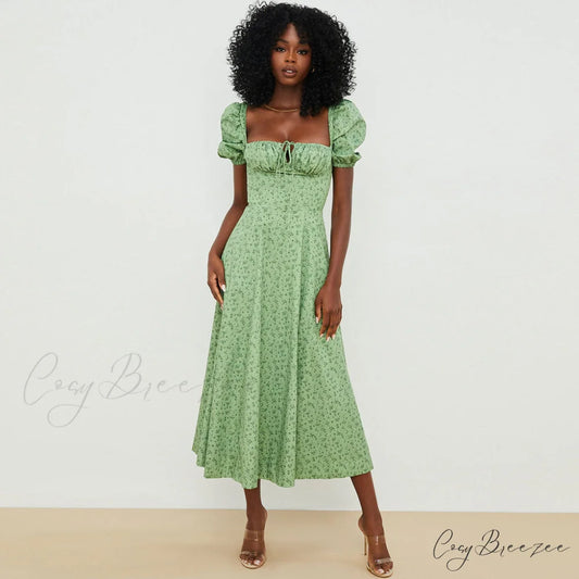 Daisy Printed Puff Sleeve High Slit Sophisticated Smock Maxi Sundress - Dark Yellow S / Green