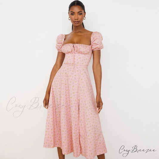 Daisy Printed Puff Sleeve High Slit Sophisticated Smock Maxi Sundress - Light Blue S / Pink