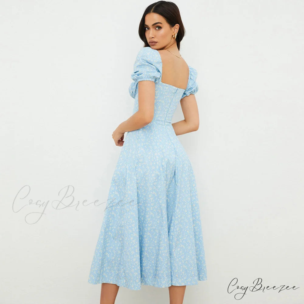 Daisy Printed Puff Sleeve High Slit Sophisticated Smock Maxi Sundress - Sage Green L / Sky Blue