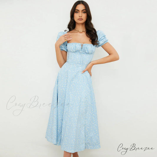 Daisy Printed Puff Sleeve High Slit Sophisticated Smock Maxi Sundress - Sage Green S / Sky Blue