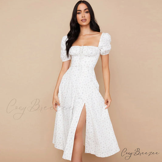 Daisy Printed Puff Sleeve High Slit Sophisticated Smock Maxi Sundress - Sky Blue S / White