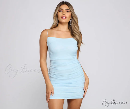Daring Beauty Stylish Ruched Mini Dress LIGHT BLUE / XS