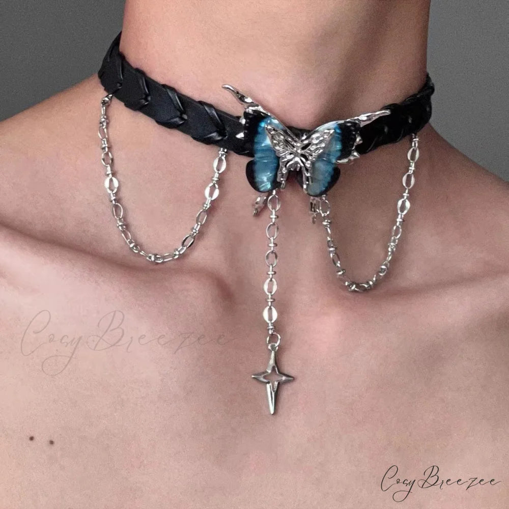 Dark Black Butterfly Star Leather Choker Necklace BLACK