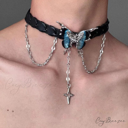 Dark Black Butterfly Star Leather Choker Necklace BLACK