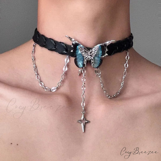 Dark Black Butterfly Star Leather Choker Necklace BLACK