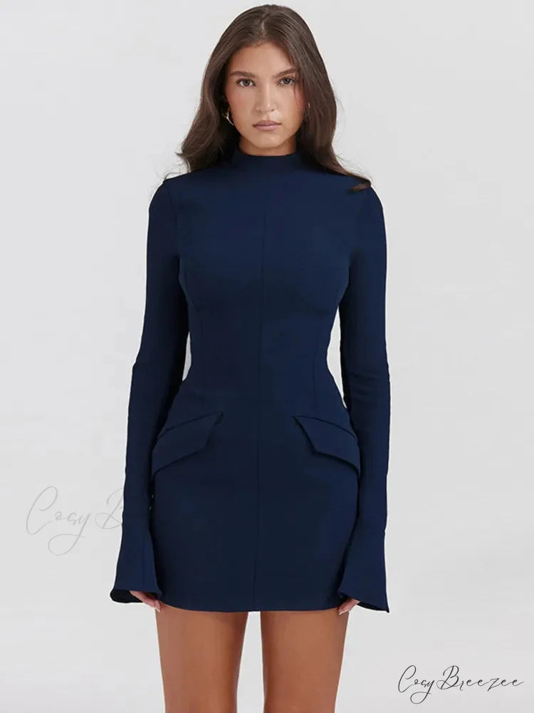 Dark Blue Long Charming Sleeve Bodycon Mini Dress