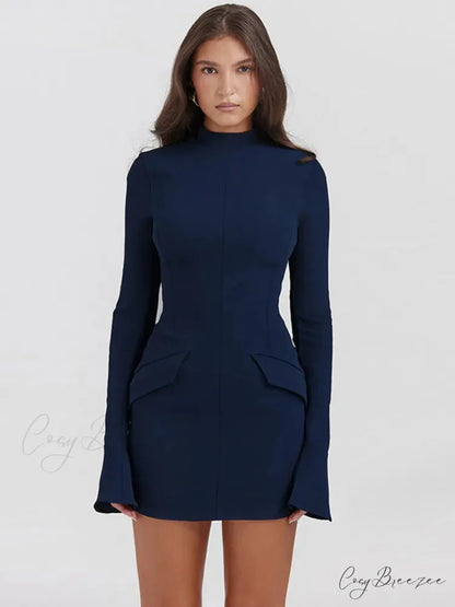 Dark Blue Long Charming Sleeve Bodycon Mini Dress