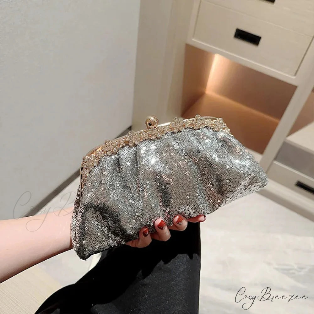 Dark Blue Sequin Clutch Silver grey wristlet-250126