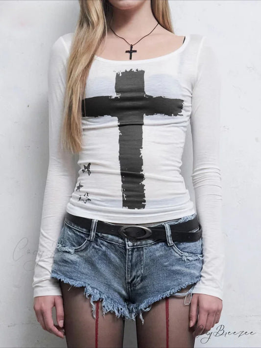 Dark Casual Printed Gothic Slim O-Neck Knit Top WHITE / S knittop-250126