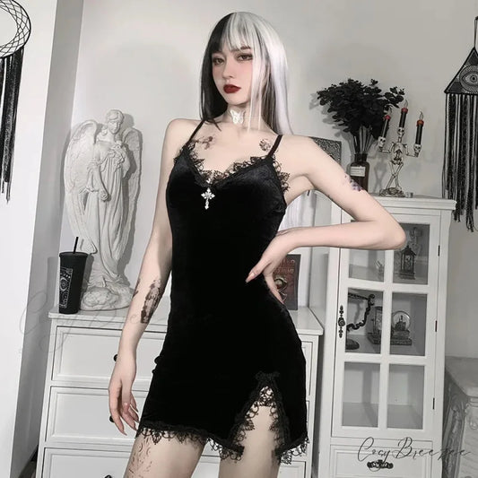 Dark Cross Black Vintage Sexy Spaghetti Strap High Waist Slit Party Club Dress