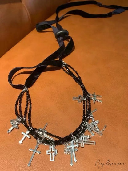 Dark Cross Versatile Summer Tassel Choker Necklace BLACK