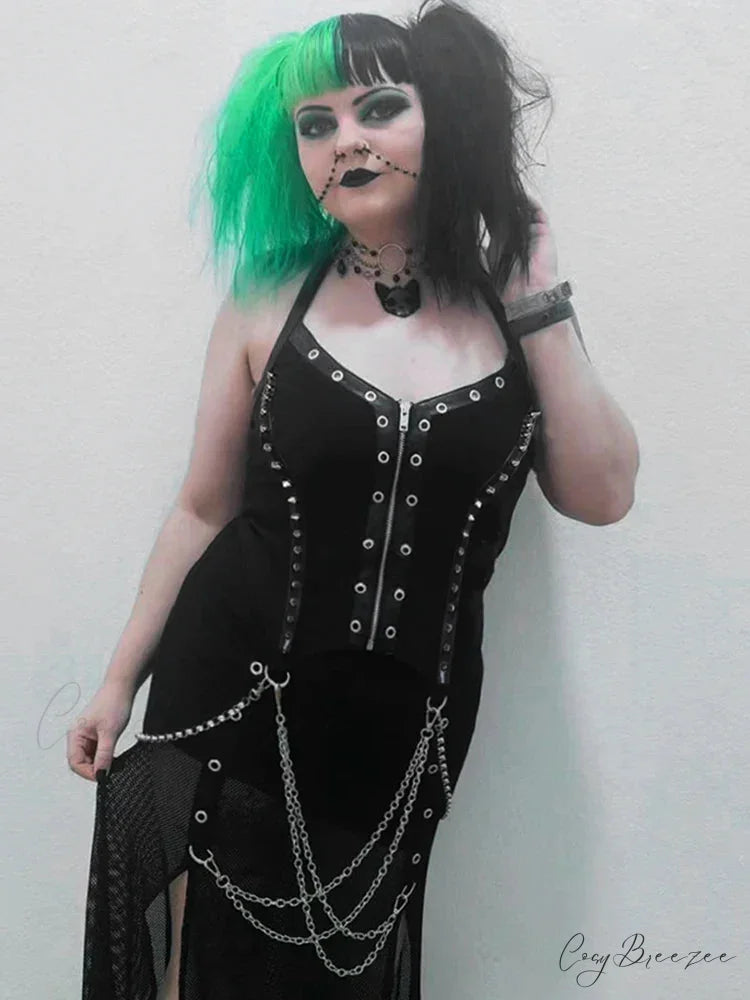 Dark Emo Alt Grunge Rivet Zipper Cyber Punk Crop Top