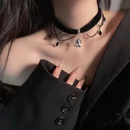 Dark Gothic Camellia Tassel Velvet Choker Hot Girl Necklace BLACK