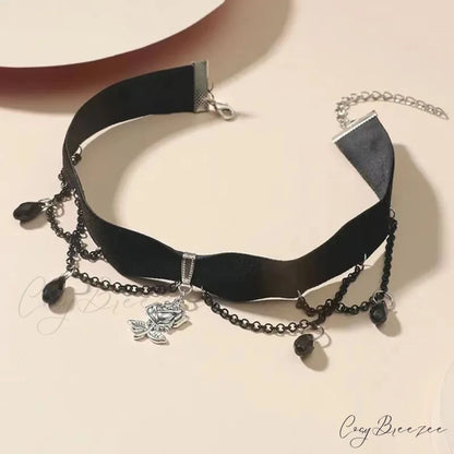 Dark Gothic Camellia Tassel Velvet Choker Hot Girl Necklace BLACK