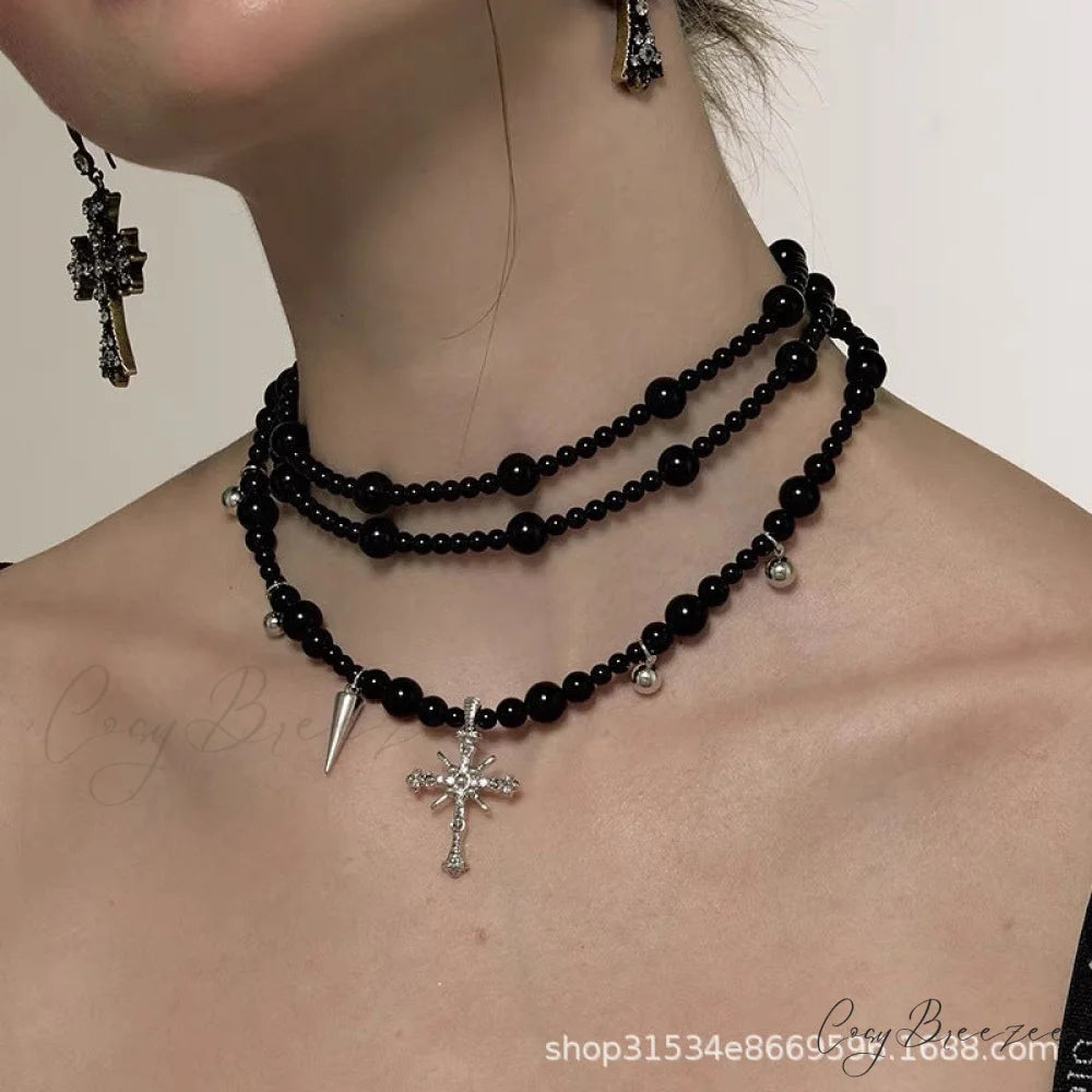 Dark Gothic Cross Beaded Multi-layer Sweater Necklace BLACK