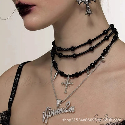 Dark Gothic Cross Beaded Multi-layer Sweater Necklace BLACK