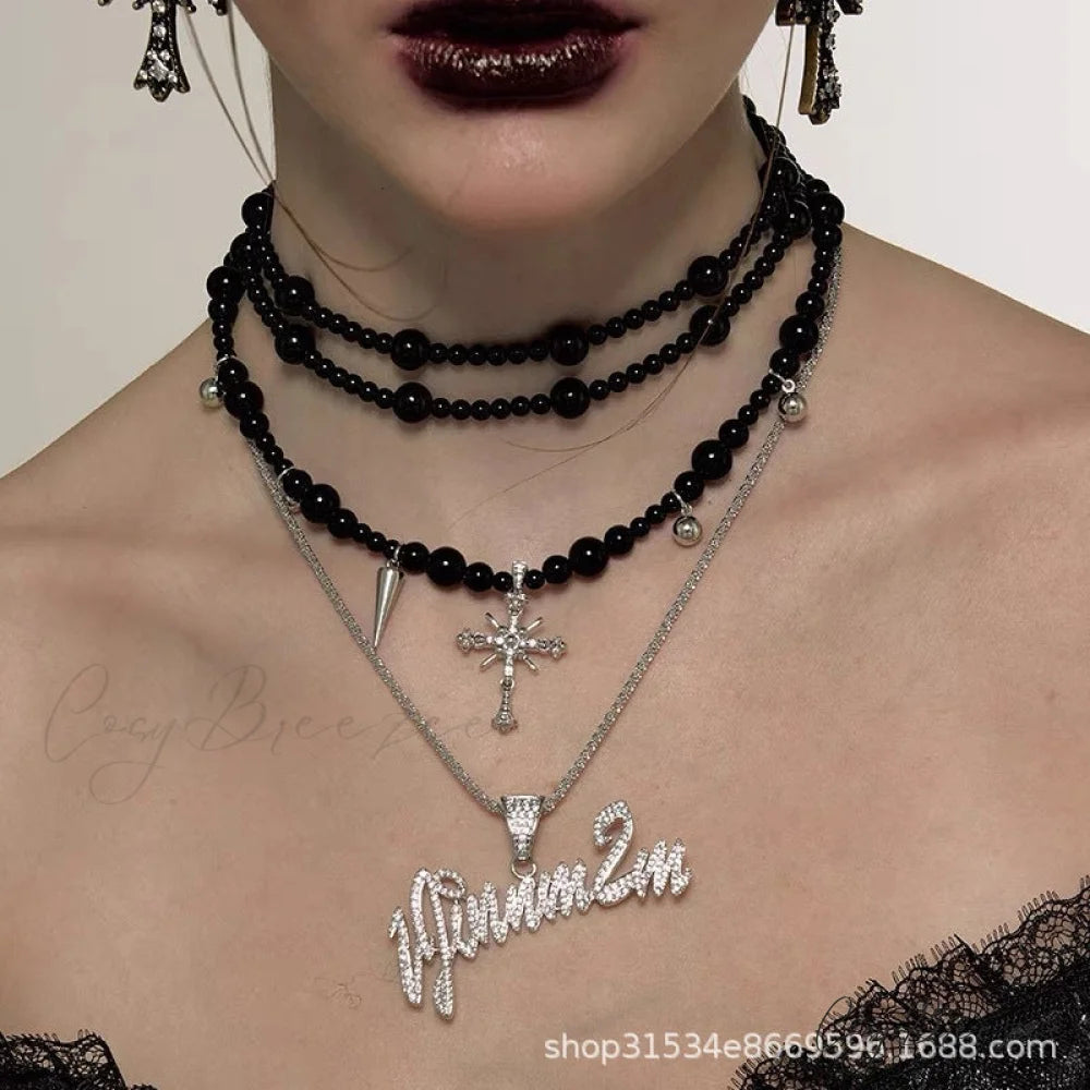 Dark Gothic Cross Beaded Multi-layer Sweater Necklace BLACK