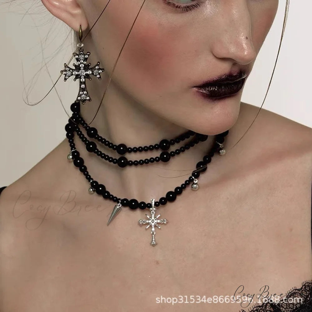 Dark Gothic Cross Beaded Multi-layer Sweater Necklace BLACK