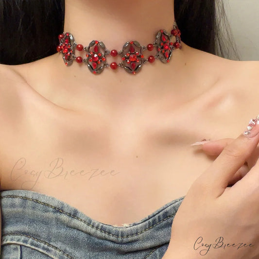 Dark Gothic Red Zircon Hot Girl Vintage Unique Necklace RED