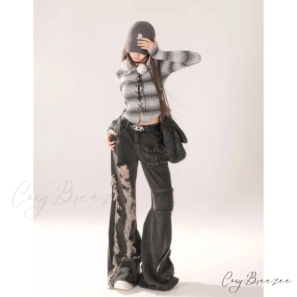 Dark Gray Pocket Loose Halloween Pants