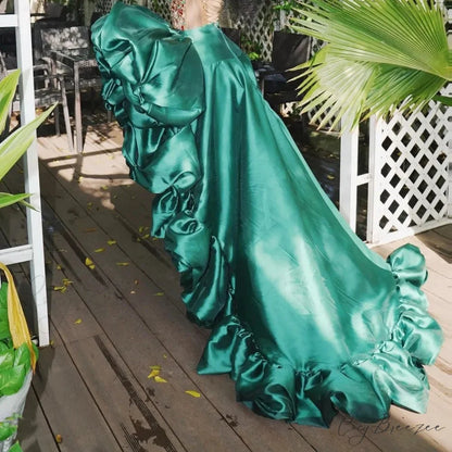 Dark Green High Low Skirt Ruffles Big Flowers Formal Wear skirt-250126