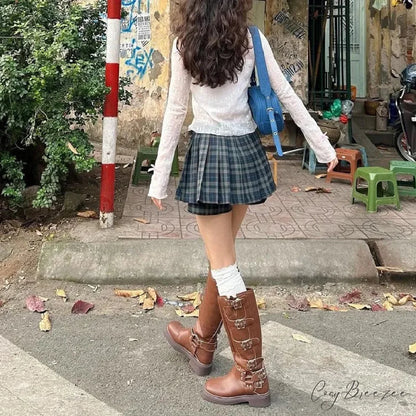 Dark Green Stylish Plaid Pleated Skort