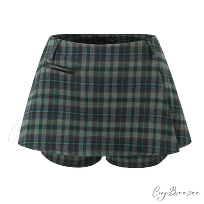 Dark Green Stylish Plaid Pleated Skort