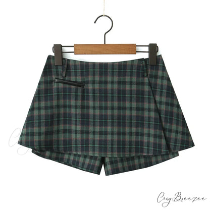 Dark Green Stylish Plaid Pleated Skort Dark Green / S