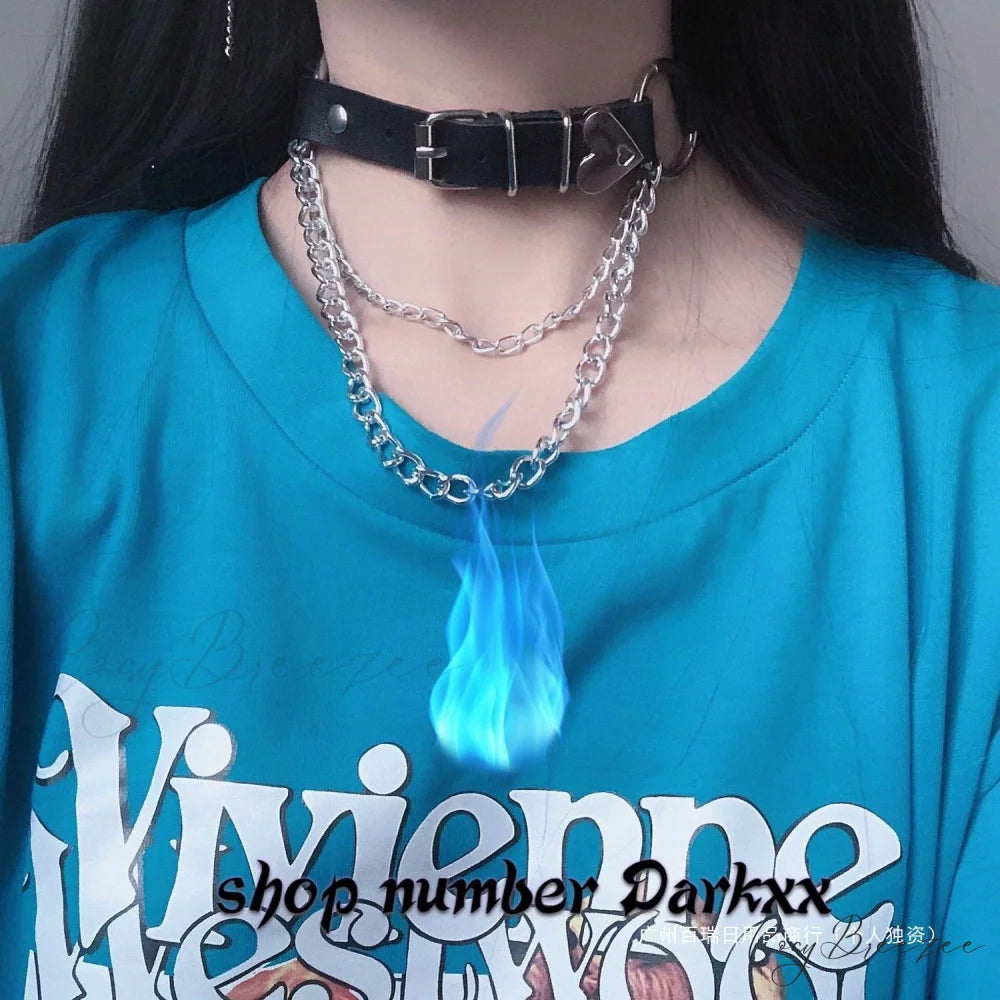 Dark Heart Belt Chain Gothic Punk Disco Choker JK Uniform Necklace BLACK