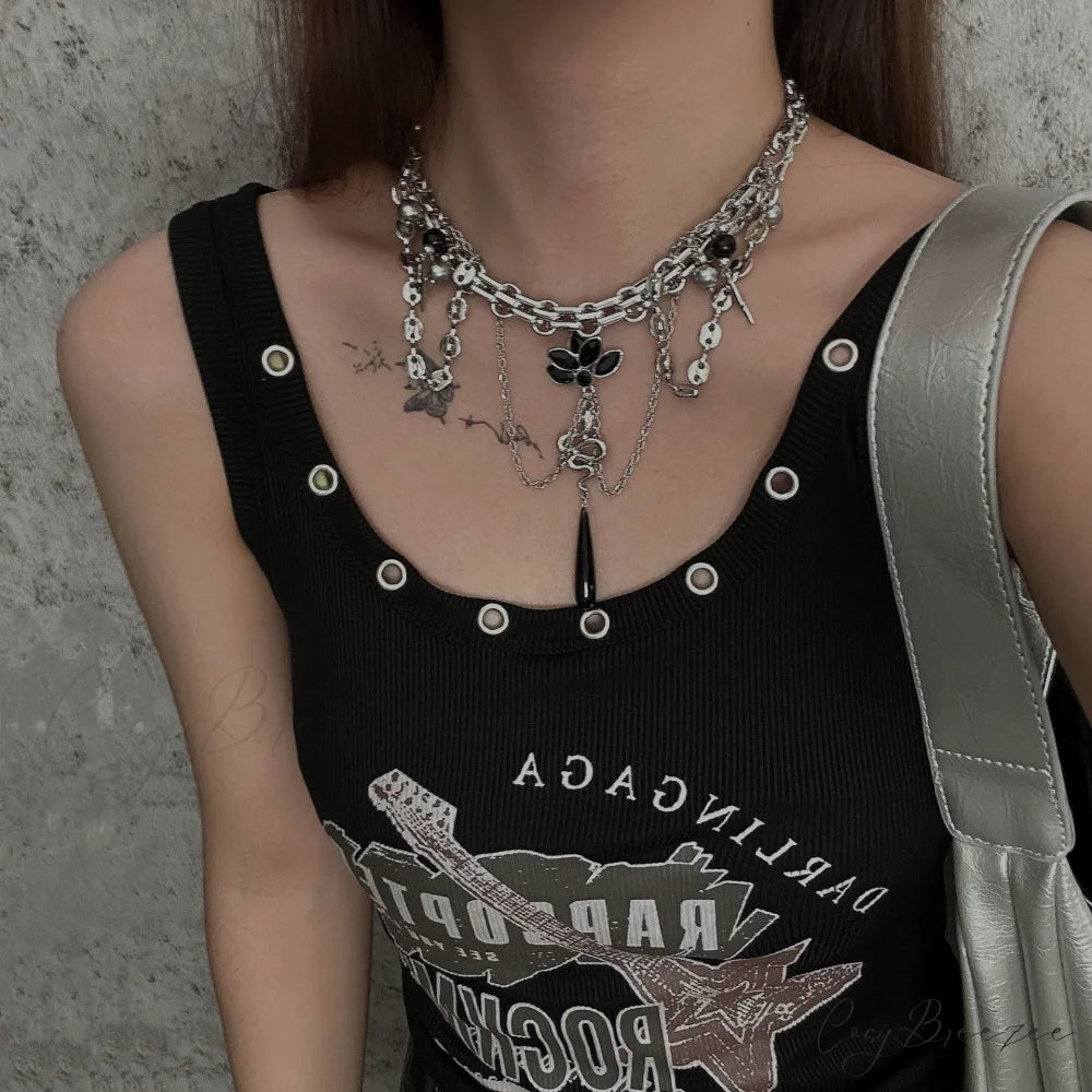 Dark Heavy Lotus Snake Pendant Necklace BLACK