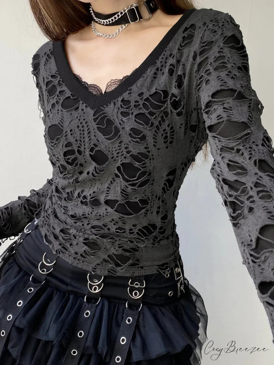 Dark Hollow Out Fake 2 Piece Gothic V-Neck Knit Top GRAY / S knittop-250126