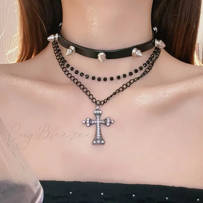 Dark Leather Rivet Cross Double Layered Necklace BLACK