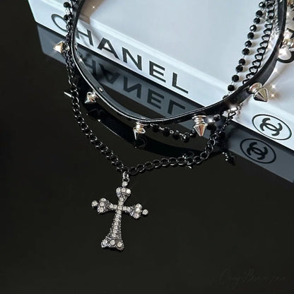 Dark Leather Rivet Cross Double Layered Necklace BLACK