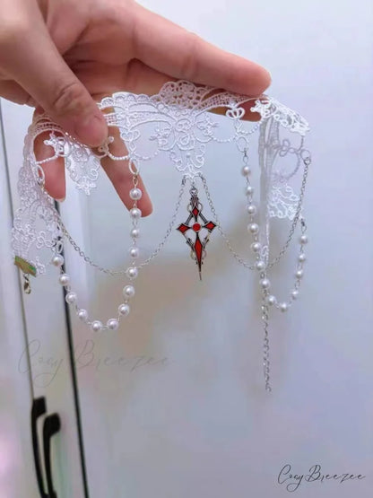 Dark Lolita Gothic Lace Pearl Cross Halloween Necklace WHITE