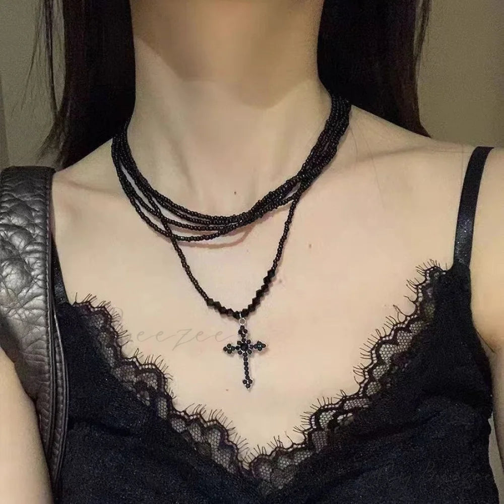 Dark Princess Cross Layered Sweet Cool Punk Beaded Personality Necklace BLACK