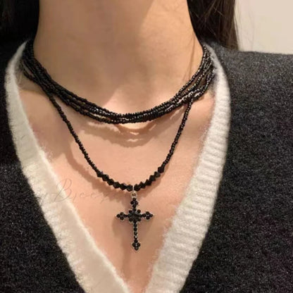 Dark Princess Cross Layered Sweet Cool Punk Beaded Personality Necklace BLACK