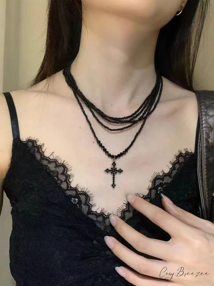 Dark Princess Cross Layered Sweet Cool Punk Beaded Personality Necklace BLACK