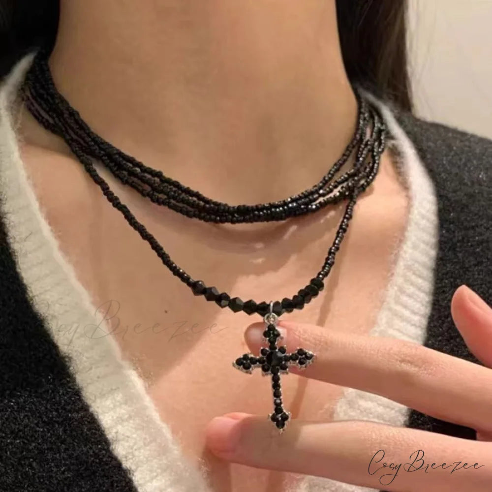 Dark Princess Cross Layered Sweet Cool Punk Beaded Personality Necklace BLACK