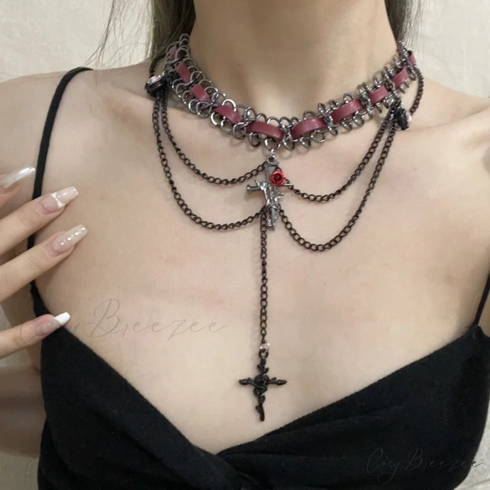 Dark Punk Heart Flower Cross Layered Necklace BLACK