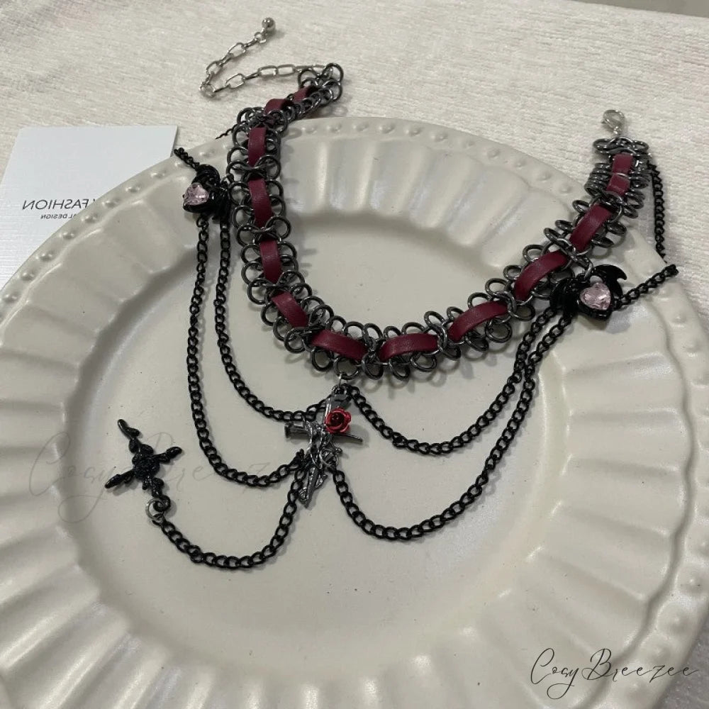 Dark Punk Heart Flower Cross Layered Necklace BLACK