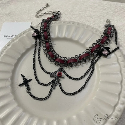 Dark Punk Heart Flower Cross Layered Necklace BLACK
