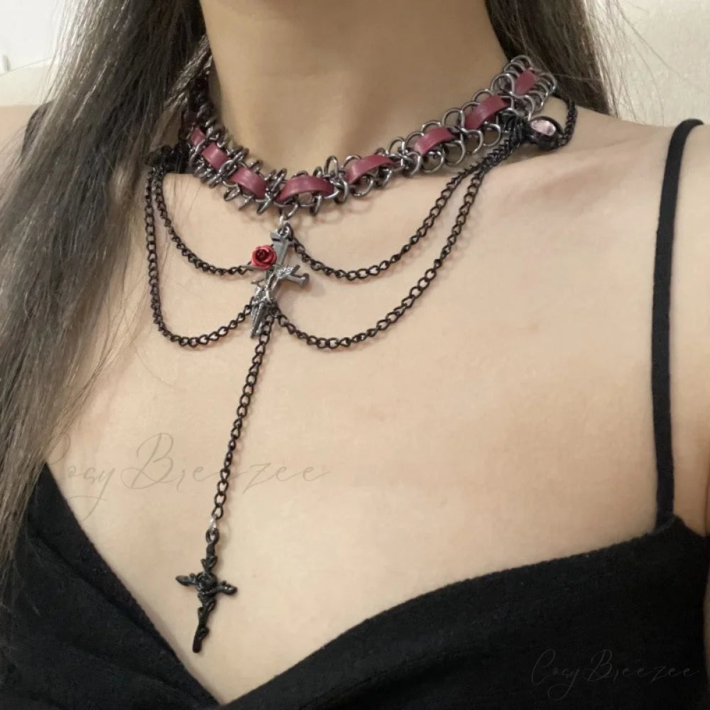 Dark Punk Heart Flower Cross Layered Necklace BLACK